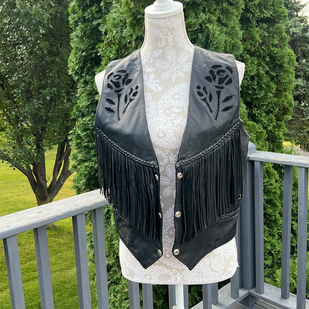 Black Leather Fringe Vest with Cutout Floral Detail